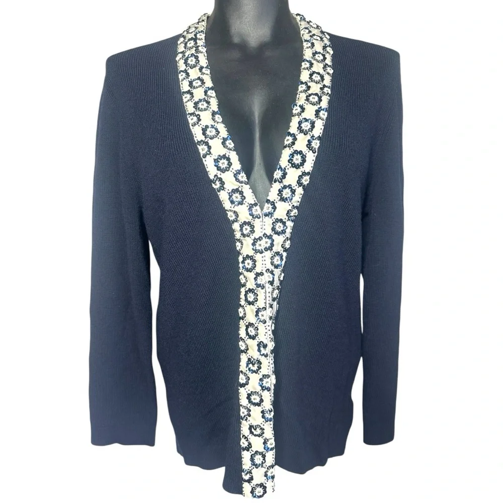 Tory Burch Merino Wool Printed Cardigan Sweater Large Navy Blue Sequins V-Neck - Picture 9 of 13
